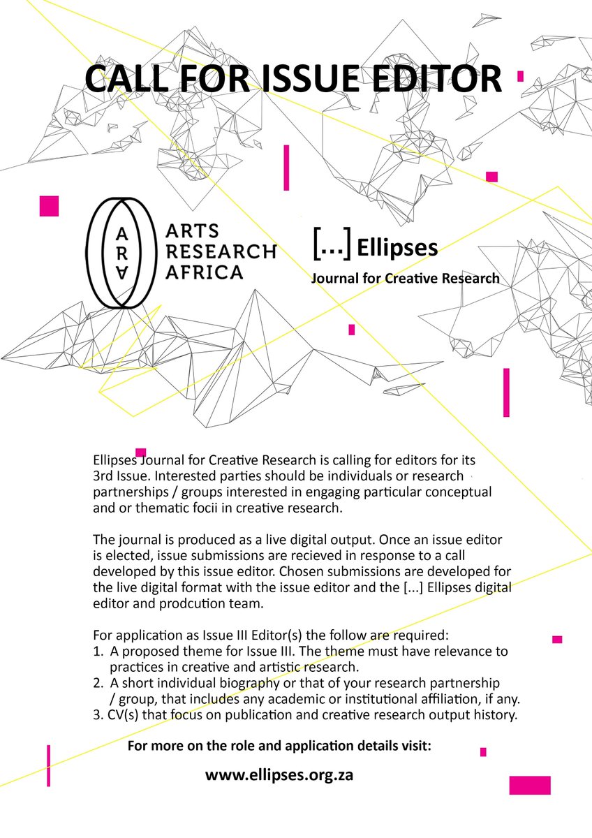 Wits School of Arts - Ellipses Journal for Creative Research - Call for Issue Editors

Link for further information on the call can be found here: ellipses.org.za or ellipses.org.za/3-call-for-edi…

#WitsResearch #CallForEditors #Ellipses #Opportunity #MondayMotivaton