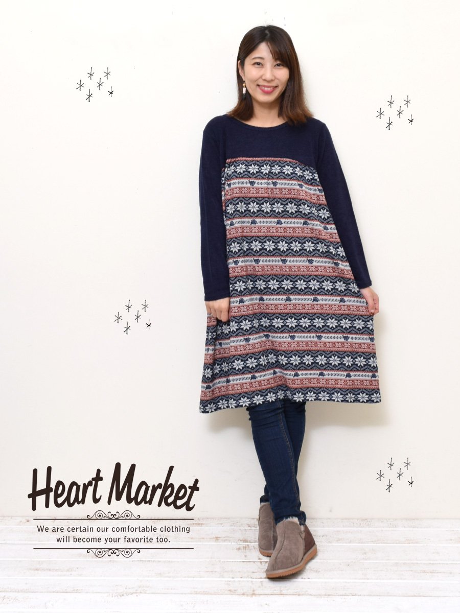Heart Market No Twitter New Arrival 柄切替ギャザーワンピース 商品番号 Gl 2 900 Tax 軽くて着やすいニットソーの切替ワンピース 冬らしいノルディック柄もポイント T Co Hliylx6cnh T Co