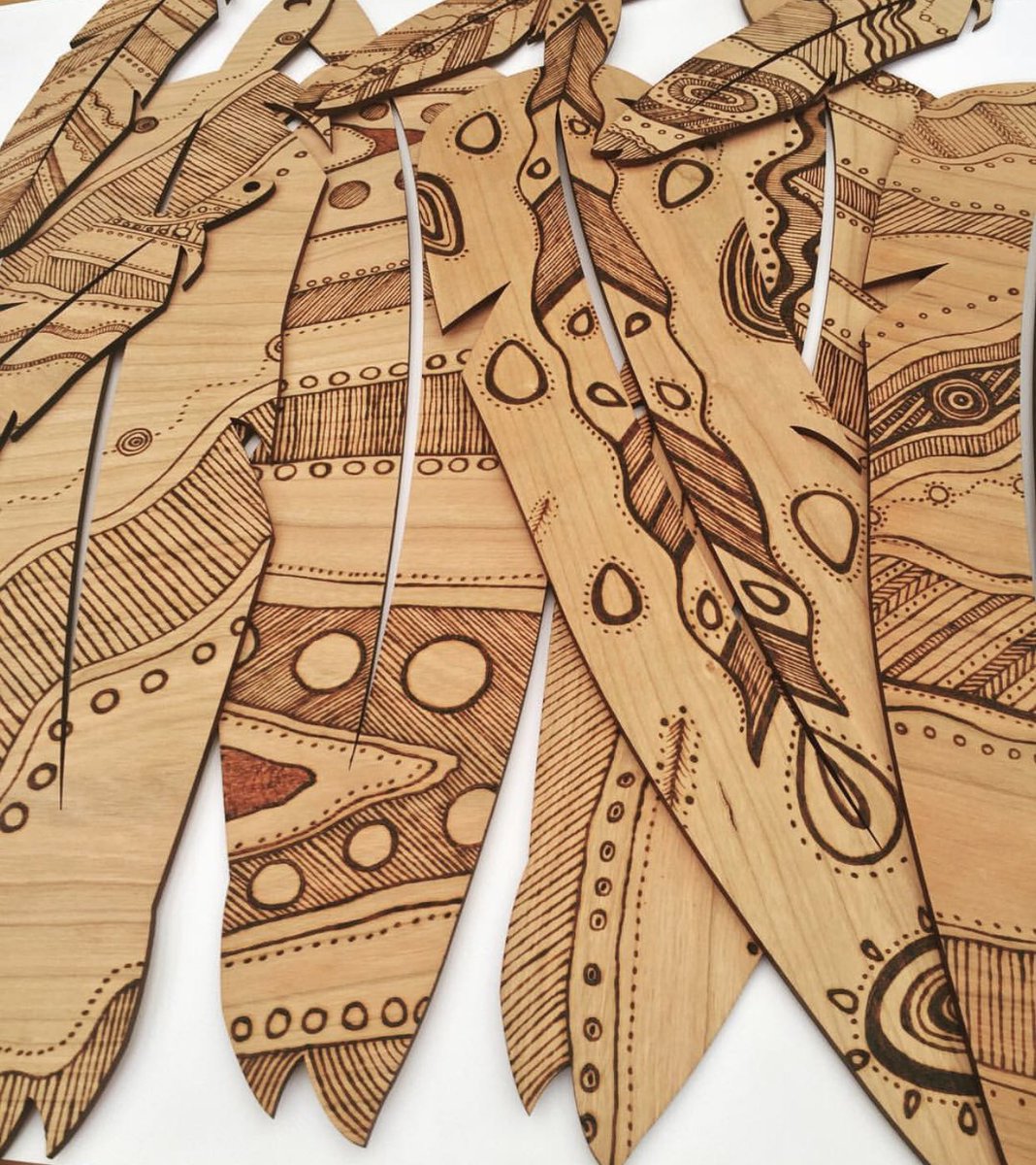 buyindigenous's tweet photo. We ❤️ these delicate wood burnt feather designs by @bimbi_love or as translated from the Birri Gubba people of Central Queensland Birri meaning Good - Good Love. #ourlanguagematters 
#buyindigenous https://t.co/zGb6RMXZPU