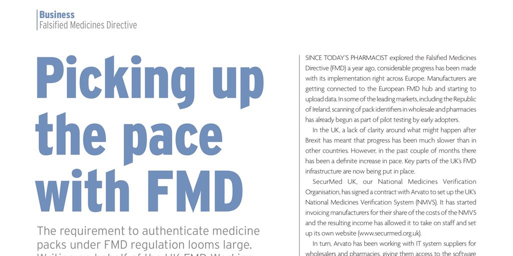 theGHS's tweet photo. The requirement to authenticate medicine packs under #FMD looms large. In #TodaysPharmacist, Jonathan Buisson, writing on behalf of the UK FMD Working Group for #CommunityPharmacy, discusses what’s been happening and what #pharmacists need to do next: https://t.co/f78rUqDwlL. https://t.co/MeEN6QLmXy
