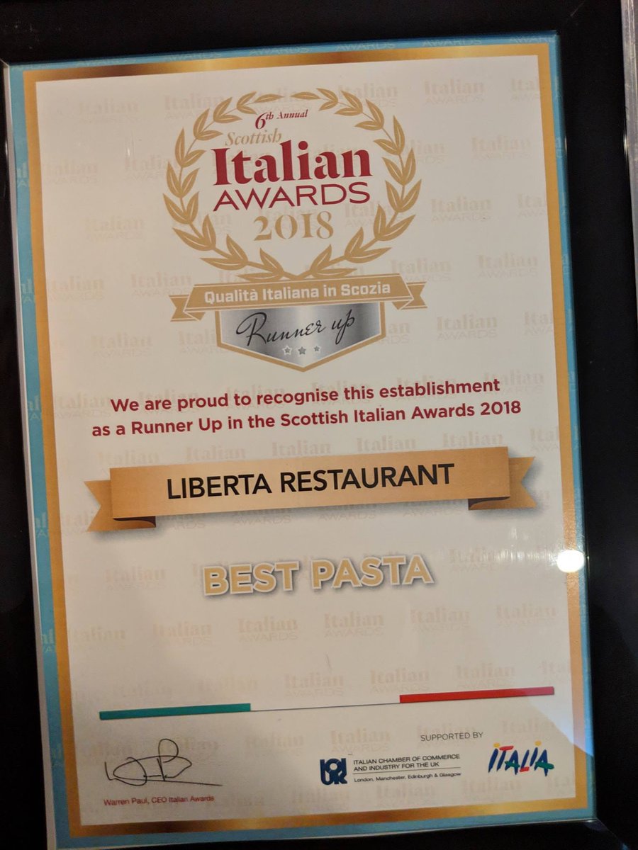 LibertaBathgate's tweet photo. Liberta Restaurant is Runner-up for #BestPasta at the Italian Awards 2018. 🎉🎉🎉🍝🍝🍝 Great Achievement. Thank you for your support. #IA2018 #Bathgate #WestLothian @Italianawards https://t.co/6E6htEPI87