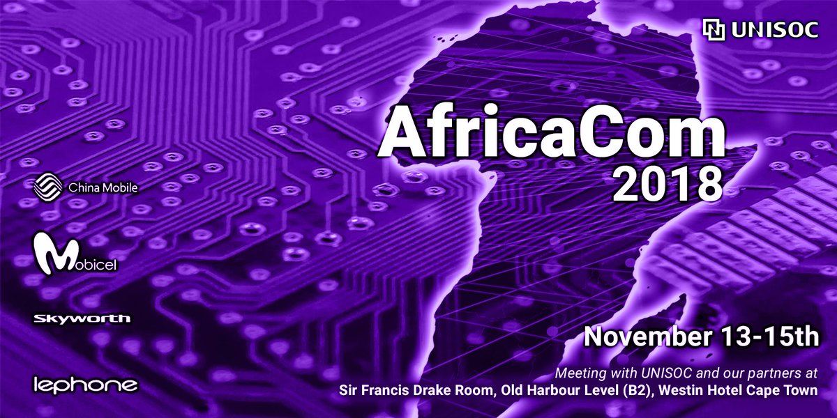 UNISOCTech's tweet photo. #UNISOC will attend the 2018 #AfricaCom and exhibit many new and cutting edge #5G, #AI and #IoT products, in cooperation with our partners. We can't wait to see you in South Africa!
#SoC #mobilechipset #simultaneoustranslation #futuretech https://t.co/yNkGURbXAT