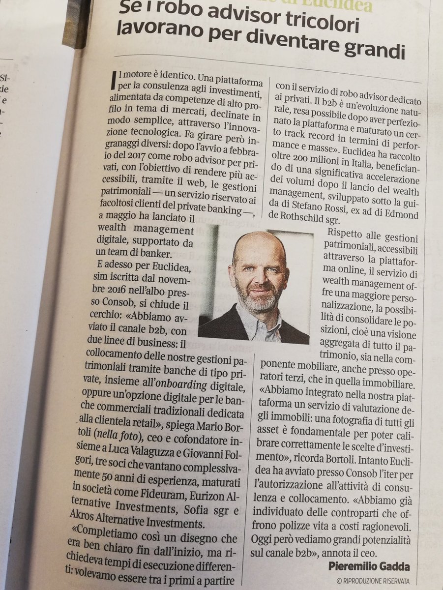 gaddap's tweet photo. #Roboadvisor, @EuclideaSIM supera i 200 milioni di raccolta e inaugura il canale B2B. Offrirà le sue gestioni anche a operatori terzi. L'intervista con l'ad Mario Bortoli oggi su l' @L_Economia del @Corriere https://t.co/BqO08PibAf