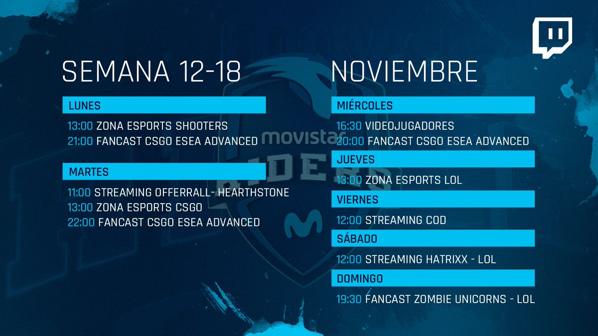 ¡Esta será la agenda semanal en Twitch! Bien cargadita, como a nosotros nos gusta. Stay tuned 😊

📎twitch.tv/movistar_riders📎