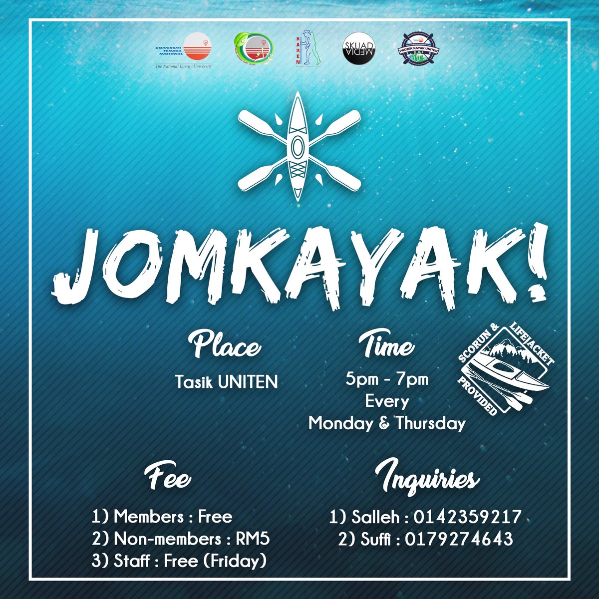 karenofficials's tweet photo. Hello everyone!
Feeling a little bit of Monday Blues? 
.
We know just the thing to cheer you up. Let’s start the week with some kayak activity!
.
👉🏼 Time: 5pm - 7pm
👉🏼 Place: Tasik UNITEN
👉🏼 Day: Every Monday &amp; Thursday
.
See you guys there! https://t.co/7UEM68ZZu2