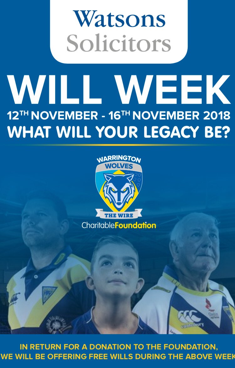 This week is Will Week and @Watsons_legal are supporting the Foundation by offering their Will writing services free of charge in return fo a donation towards @WWCLSFoundation . Call 01925571212 for more details or contact alexandra.mitchell@watsonssolicitors.com