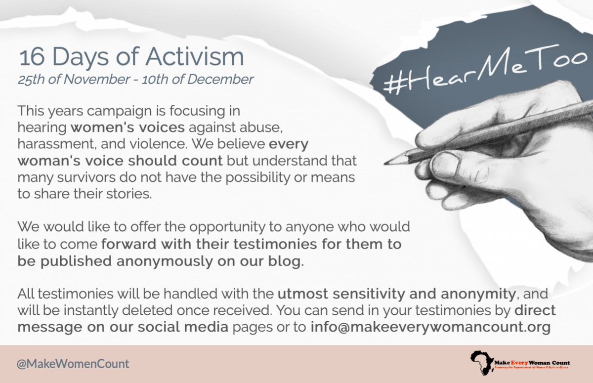 MakeWomenCount's tweet photo. #HearMeToo

This #16DaysofActivism, we are offering the opportunity to anyone to come forward with their testimonies of GBV, to be published anonymously on our blog. 

Direct message our social media pages or email info@makeeverywomancount.org.

Every Woman's Voice Should Count. https://t.co/ZnurynN9ab