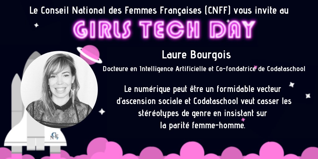 GirlsTechDay's tweet photo. Laure Bourgois est Présidente et co-fondatrice de Codataschool qui propose des formations à 360 ° en Big Data et en Intelligence Artificielle mais aussi développement Web. @LaureBourgois #GirlsTechDay #MoreWomenInTech #GirlsInTech @CnfFrance @Mairie5Paris #Codataschool https://t.co/5U1afg1enM