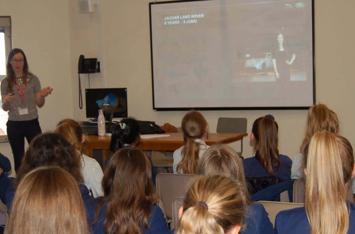 KHSWarwick's tweet photo. Pole Position: #FestivalofIdeas18 off to a flying start @KHSWarwick as JLR's Orla Murphy busts a whole series of myths about getting into #Engineering.  Yes, you can combine Science and Arts - in her case, Electronic Engineering and Music #STEAM #WomenInSTEM @JLR_News @ThisIsEng https://t.co/nmcNdeTOCP