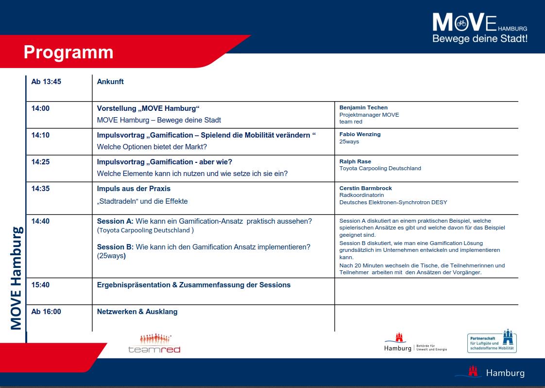 Jetzt Anmelden zum Workshop "Gamification –
MitarbeiterInnen (spielerisch) motivieren und mitnehmen" am 22.11.2018!
Mit dabei u.a. <a href="/25ways_DE/">25ways mobility GmbH</a> , @Toyota_DE , <a href="/desy/">DESY (Deutsch)</a> . Eintritt frei! - Details und Anmeldung unter: hamburg.de/contentblob/11…
#MOVEHamburg #GreenCity #gamification