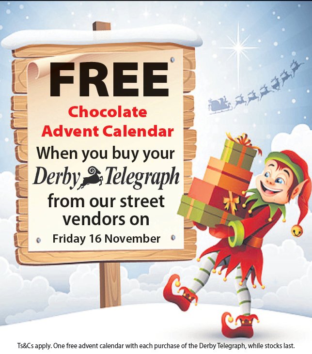 DerbyTelOffers's tweet image. Free chocolate advent calendar when you buy your #DerbyTelegraph from our street vendor on Friday November 16 #chocolate #Christmas
