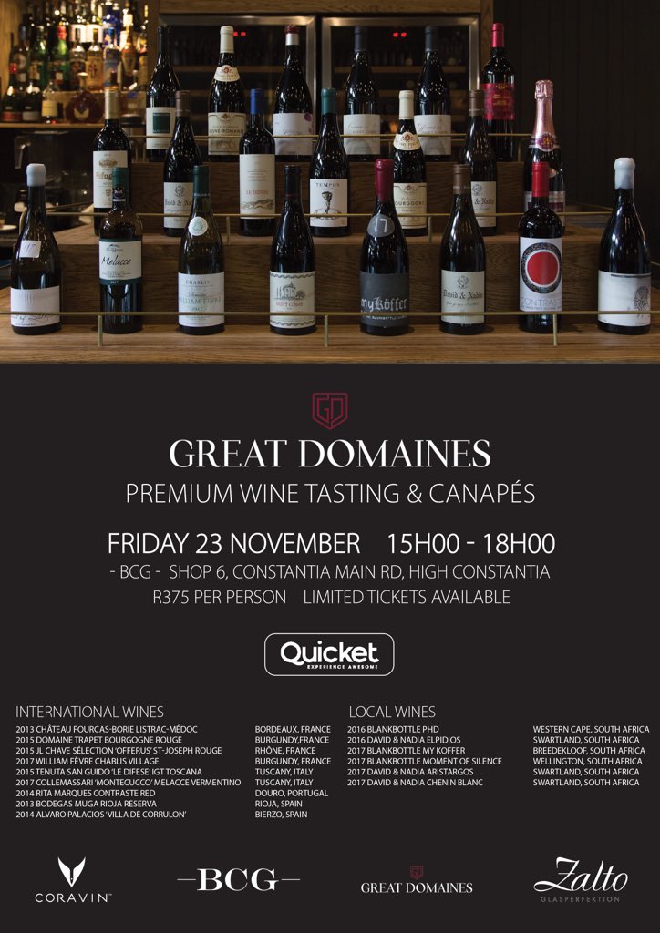 Unique opportunity to taste some of the world -class wines that form part of <a href="/GreatDomainesSA/">Great Domaines</a> portfolio all for only R375 <a href="/BCG_Capetown/">BCG</a> <a href="/DavidandNadia/">David&Nadia</a> <a href="/BLANKbottle/">Pieter H. Walser</a>
