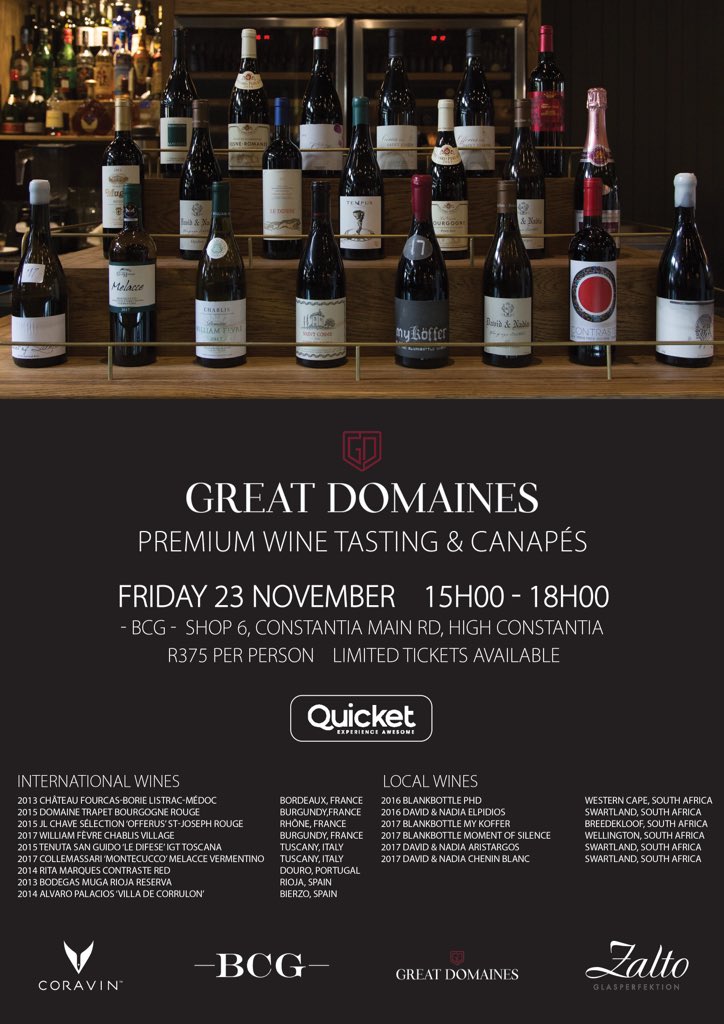 Unique opportunity to taste some of the world -class wines that form part of @GreatDomainesSA portfolio all for only R375 @BCG_Capetown @DavidandNadia @BLANKbottle