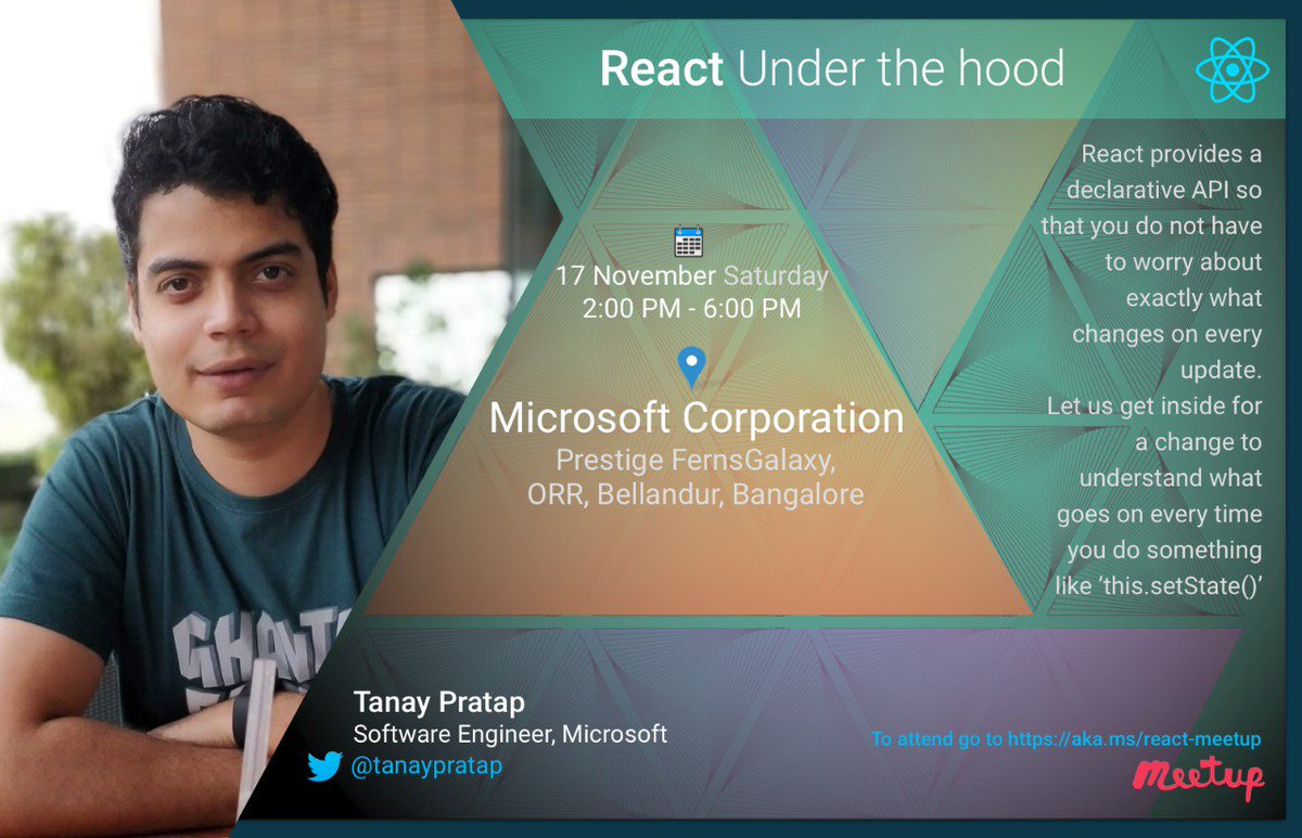 tanaypratap's tweet photo. I will be talking about inner workings of the framework in this month's @ReactBangalore meetup coming Saturday. If you're interested in Web Development please drop by.
RSVP and full agenda on https://t.co/9lmubYXP6w
#ReactJSMeetup #MicrosoftIDCBangalore https://t.co/FHger8IIuK