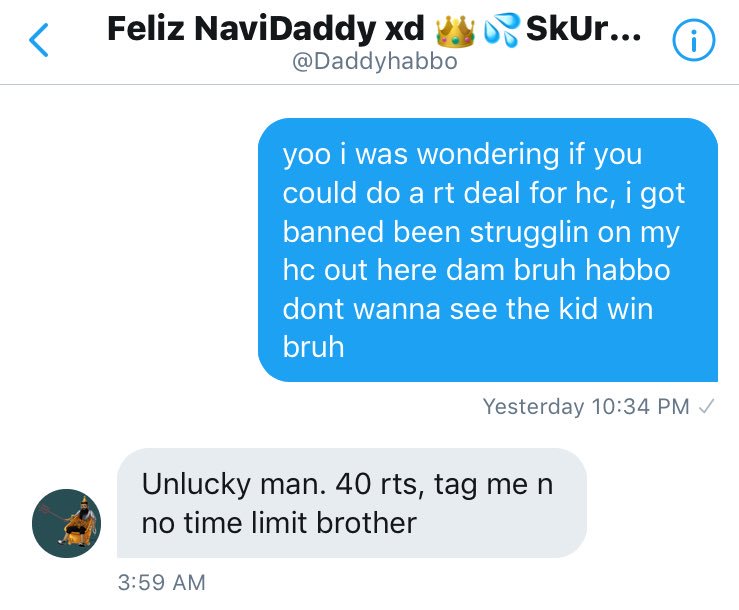 @Daddyhabbo told me if I get 40 retweets he’s gon fund my HC on my new account since habbo keep tryna ban me bruh smh, anyways I love this man (no homo) @Daddyhabbo for helping me go follow him, and plz retweet this y’all help me