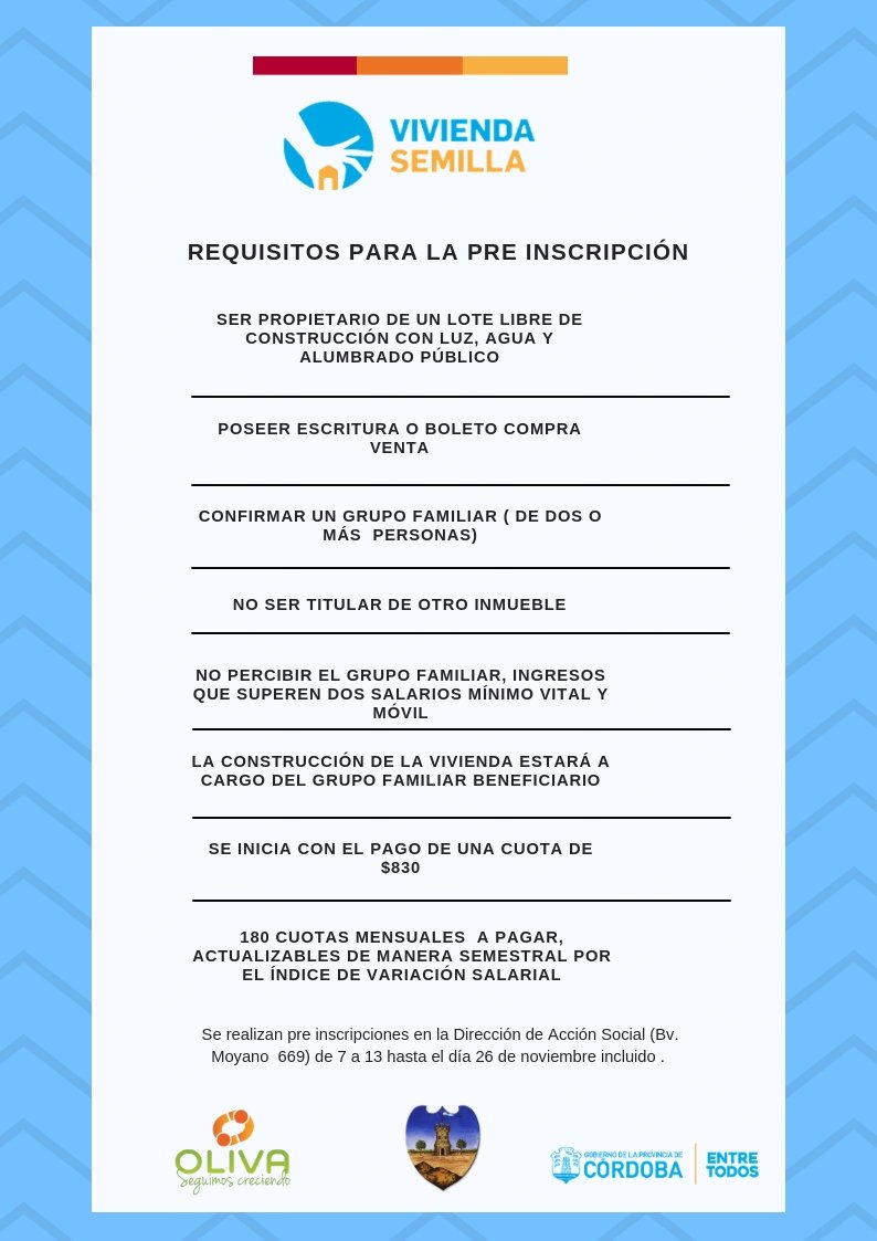 VIVIENDA SEMILLA: SE PRORROGA LA FECHA

A partir de una gestión realizada por la Dirección de Acción Social en el Ministerio de Desarrollo Social  se prorroga la fecha de pre - inscripción hasta el  día 26 de noviembre inclusive.

Acércate A Bv. Moyano  669 de 7 a 13.