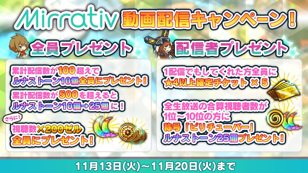 ラストピリオド公式 Pa Twitter Mirrativでの動画配信キャンペーンを開催するよ 11 13から11 20までのラスピリ動画配信数が目標達成したらルナストーンを全プレイヤーさんにプレゼント 累計視聴数 200ゼルのプレゼントも 今回は配信者さん向けのプレゼントもあるよ