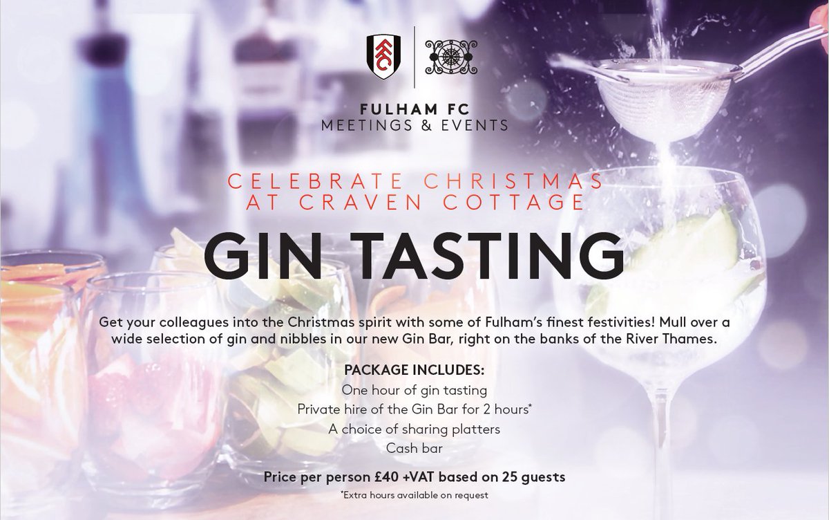 fulhamfcevents's tweet image. Still a few nights available in December @FulhamFC for a Christmas Gin Tasting Celebration. The Gin Bar offers expertly mixed festive Gin Cocktails by @DelawareNorthUK. Ideal for exclusive private and corporate parties of up to 25 guests. #Gin #Ginbar #ChristmasParty #events