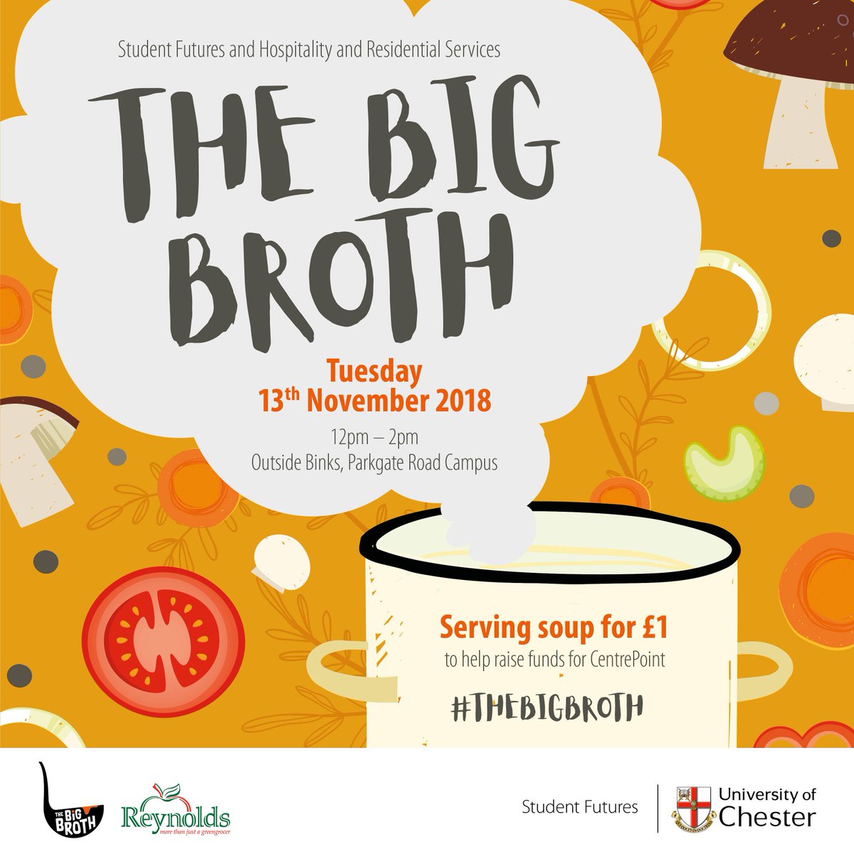 Remember, it's the Big Broth tomorrow! You will find our souper troupers at both Warrington and Main Campus between 12pm - 2pm. Soup will be just £1, so leave your lunch at home and come to support a great cause!

🥣 Terrace outside Starbucks, Warrington
🥣 Binks, Parkgate Road