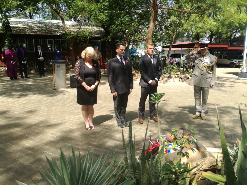 British Ambassador Alison Blackburne (left) laying a wreath at the EU compound Juba yesterday alongside the French Charge d'affaires and German Ambassador to South Sudan to mark the centenary of the World War 1 armistice #RemembranceDay2018 #ArmisticeDay100 #LestWeForget