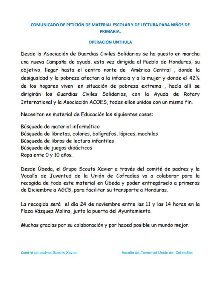 SOLIDARIDAD | Las Vocalias de Juventud de las Hermandades de Semana Santa colaborarán con <a href="/CiudaddeSSanta/">Unión de Cofradías</a> en la recogida de material educativo (material informático, colores, libretas, mochilas, libros de lectura infantiles, juegos didácticos, etc) para los niños de Honduras.