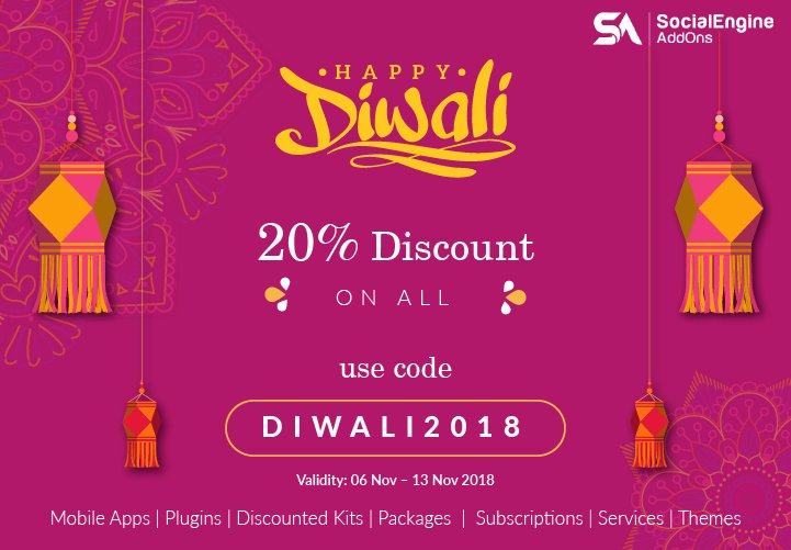 socialappstech's tweet image. #SocialEngineAddOns’ Diwali Discount Continues!
Only 2 days are there to avail the great discount of 20% on everything.
So, Hurry Up! Grab The Deal! - bit.ly/2qGZivj
Offer valid till 13th Nov 2018
Coupon Code: DIWALI2018
#SocialEngine #SocialEnginePlugins #Discount