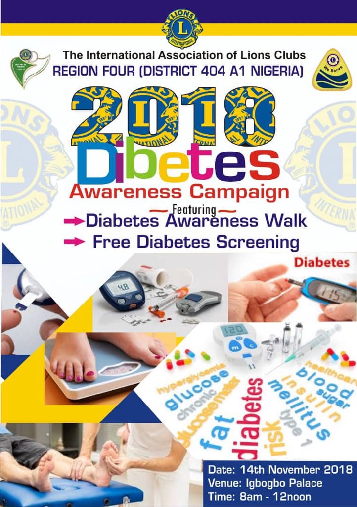*In Lionism.!!!* our club Will join other Lions in the Region for November project *Diabetes Awareness/Screening* on Wednesday 14 at Igbogbo. We Serve @