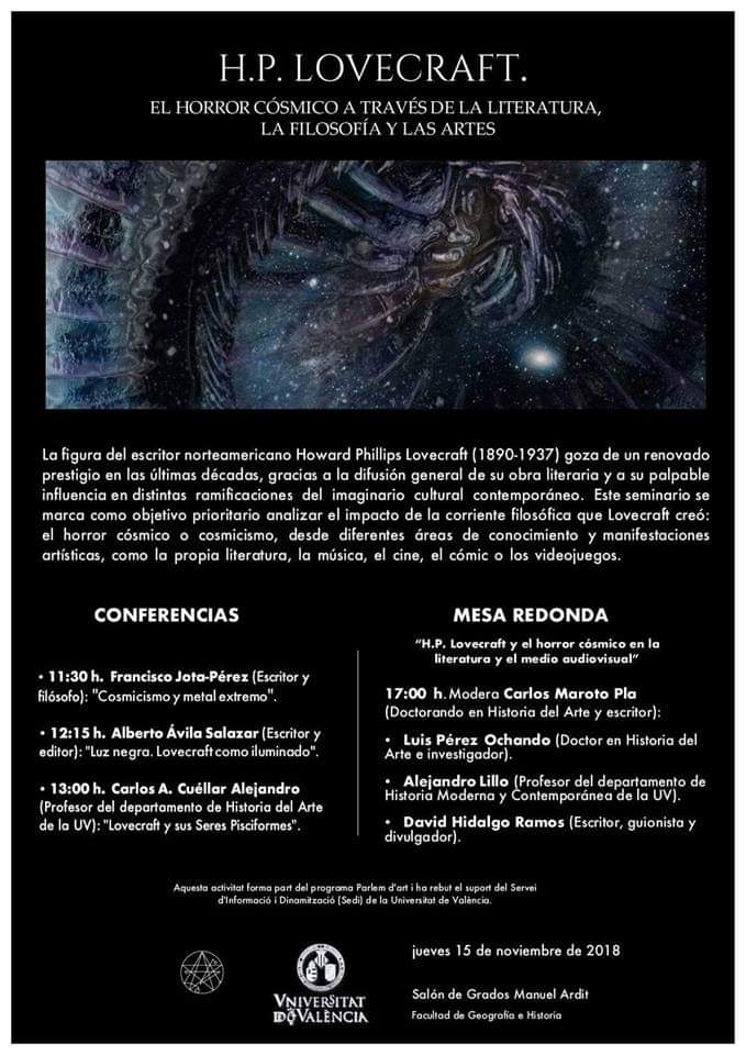 Este jueves 15 de noviembre #Lovecraft en la Universidad de Valencia #literatura #horrorcósmico #culturalternativa #universidaddevalencia