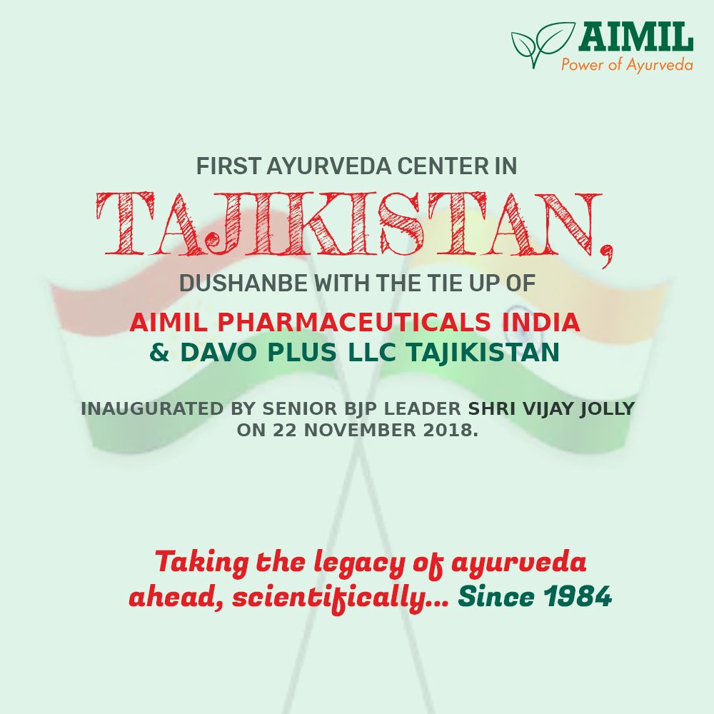 AyurvedaAimil's tweet image. First Ayurveda Center in TAJIKISTAN, Dushanbe with the tie-up of AIMIL Pharmaceuticals INDIA and Davo Plus LLC Tajikistan. Inaugurated by Senior BJP Leader Shri Vijay Jolly at 22 November 2018
.
All India Institute of Ayurveda, New Delhi
.
#AimilPharma #AimilAyurveda #Tajikistan