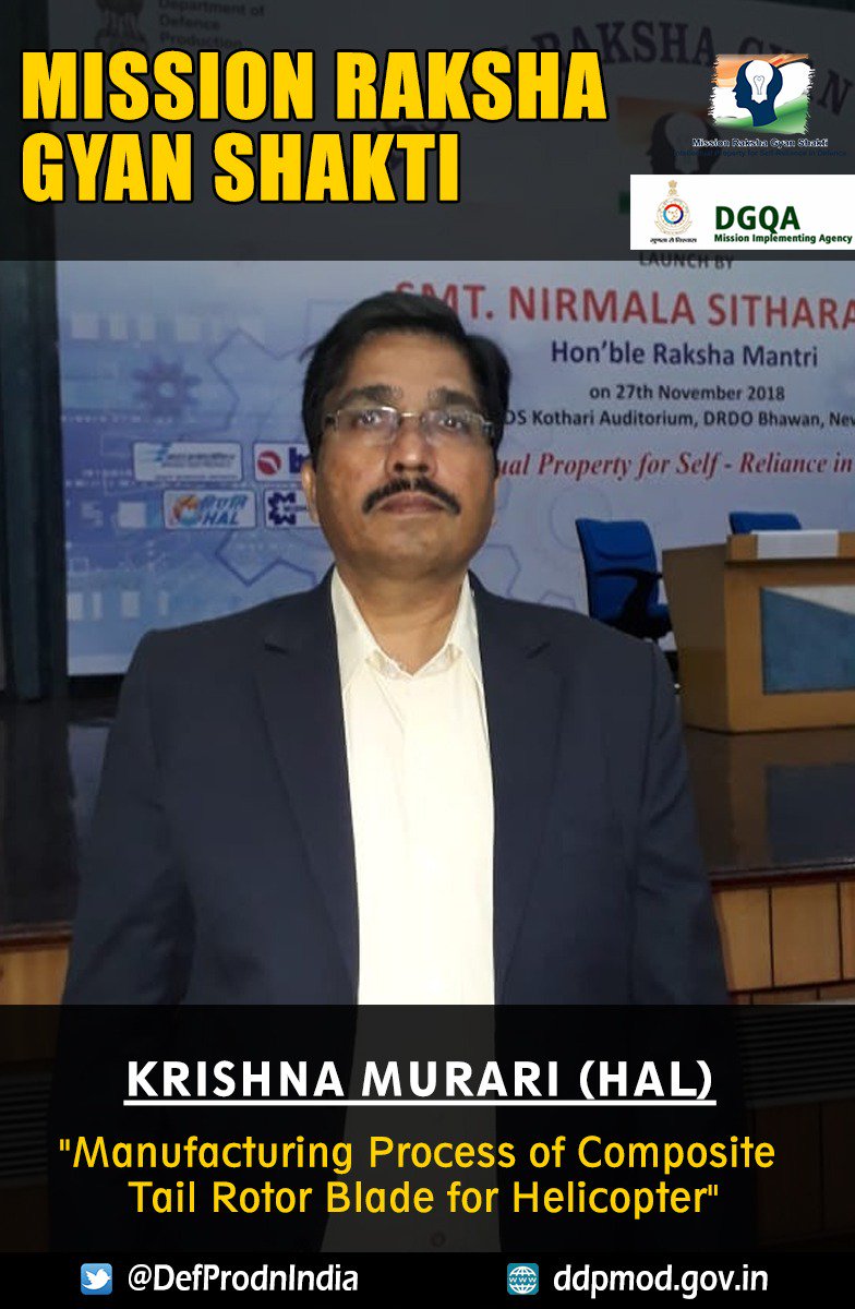 # TheIndiaEye 'RT DefProdnIndia: Shri Krishna Murari of HALHQBLR
will be receiving award at #MissionRakshaGyanShakti today for developing 'Manufacturing Process of Composite Tail Rotor Blade for Helicopter' '