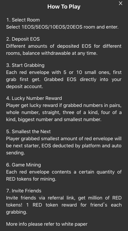 Updated "How to Play" at hongbao.one
Room in 5 / 10 added. 
Room in 5: only needs 5 players to fully open the red envelope
Room in 10: needs 10 players to fully open the red envelope
#eos #hongbao #redenvelope #red
