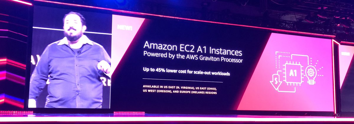 AWSEvents's tweet photo. A new instance type - A1- based on a brand new processor - Graviton.  #reInvent https://t.co/d72XbjudsW