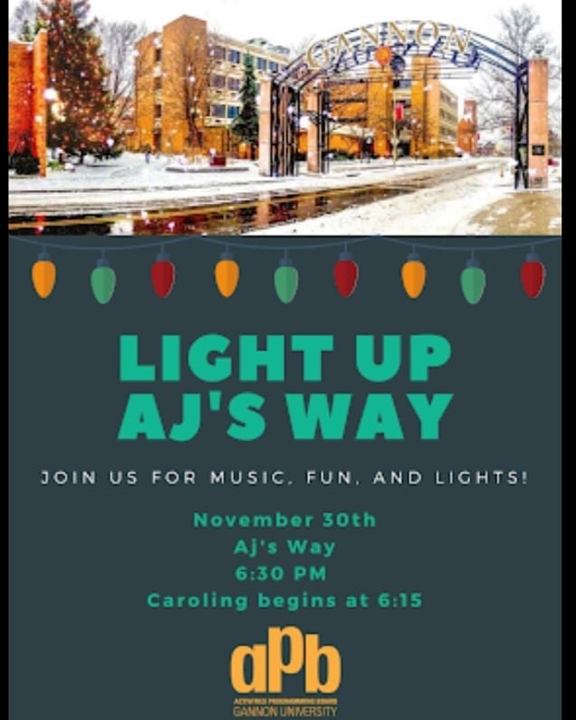 APBGU's tweet photo. Heads up GANNON students!! We have a lot coming up for this weekend. 

LIGHT UP AJ's WAY - Nov. 30th @ 6:30pm
STRESS BUSTER- Nov.30th in waldron
NYC trip- DEC 1st
CAVS game also DEC 1st

Tickets for NYC &amp; CAVS @gannontickets.com https://t.co/Oaqxl2Rtgs