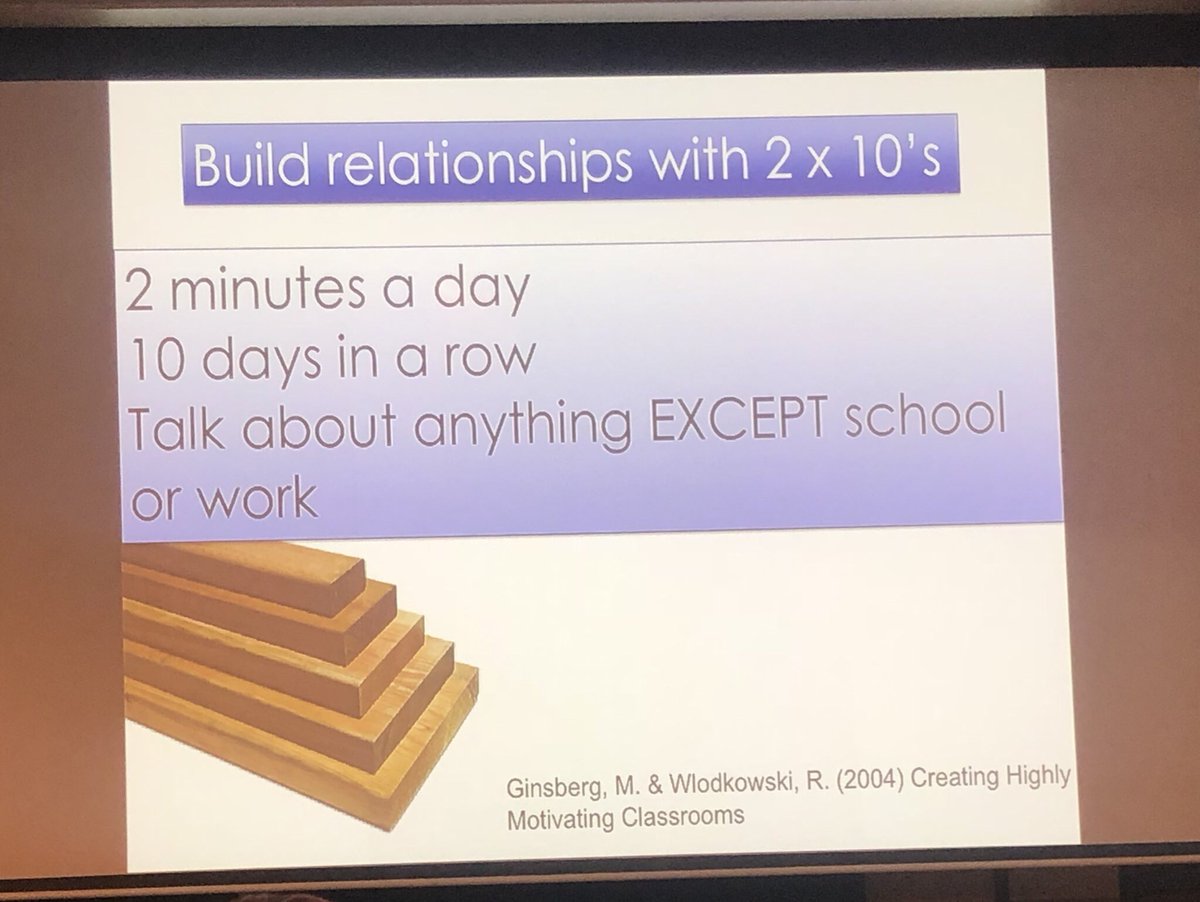 10% of Ss in a school cause 80-90% of disruptions. Start a ‘Silent Buddy’ intiative where Ts engage in 2mins of conversation with targeted Ss for 10days in a row. Talk about anything but school or work. Know Ss as people, not just learners! #impactofrelationships <a href="/DFISHERSDSU/">Douglas Fisher</a>