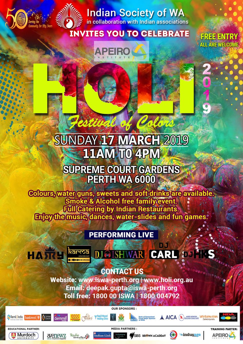 IndianSocietyWA's tweet photo. #Holi2019, The Festival of Colours will be on Sunday 17 March 2019 from 11 am to 5 pm at Supreme Court Gardens, Perth.We'll have Games, prizes, Rides &amp; Water Slides. All are welcome.

#FreeEvent #Colours #foodStalls. #dj #Dances.  #Smokefree  #alcoholfree #familyevent #picnic https://t.co/8CNJtyxQYa