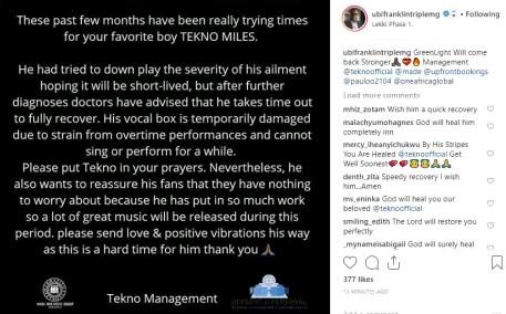 deberriewoman's tweet photo. Tekno's management has just revealed that the artiste can no longer sing or perform for now after a temporal damage to his vocal box due to strain from overtime performances.
#Castroltv #enews #tekno #teknomiles #music #naijagist #naijanews #CelebrityNews #castroltv https://t.co/kyyEx0PWmI