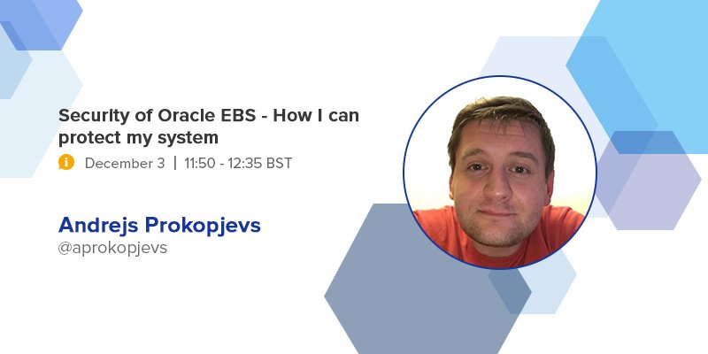 Pythian's tweet photo. Andrejs Prokopjevs @aprokopjevs sharing his recommendations on security features available to help keep your #OracleEBS system protected. Dec 3 at @UKOUG https://t.co/X8d4RyUgmb https://t.co/st372dBWE1