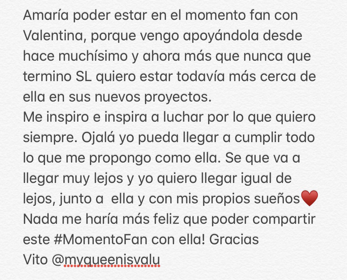 myqueenisvalu's tweet photo. @fansenfwtv @VaLuZenere Nada me pondría más feliz que poder compartir este momento con mi mayor inspiración. Gracias! #MomentoFanValenZenere 💜 @fansenfwtv @VaLuZenere https://t.co/SAQ5phG3fr