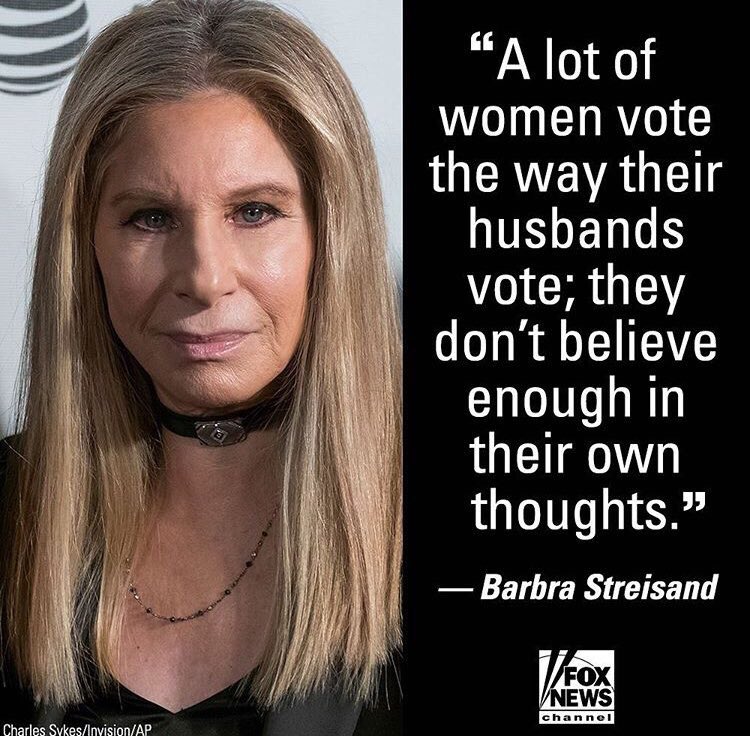 RevAmericaBook's tweet photo. Do you vote the way your spouse votes, @BarbraStreisand ?? Do you think for yourself?? 

Victim mentality is manipulated by progressives from various angles to serve their current battles against Liberty. This is so sad. Learn to fight back: https://t.co/mZS6qjQM8L https://t.co/sqIZqXRhKx