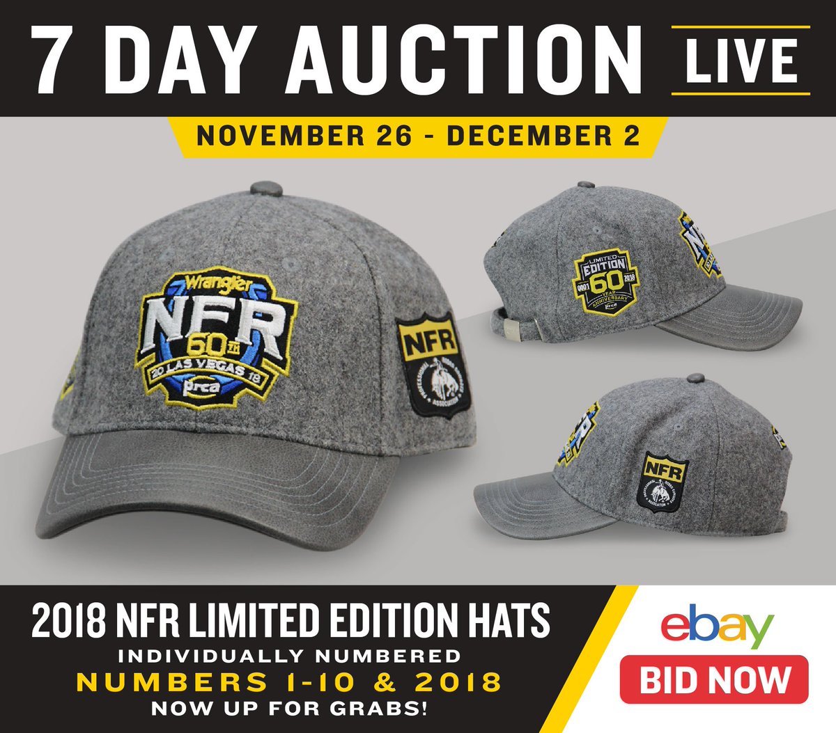 BIDDING IS LIVE 🏁 for the 2018 #NFR Limited Edition Wool Caps! (Extra Special for the 60th Anniversary!) #1-#10 AND #2018 Can be yours! AUCTION ENDS SUNDAY...

>> Start Your Bidding! >> ebay.to/2QoHmUE
