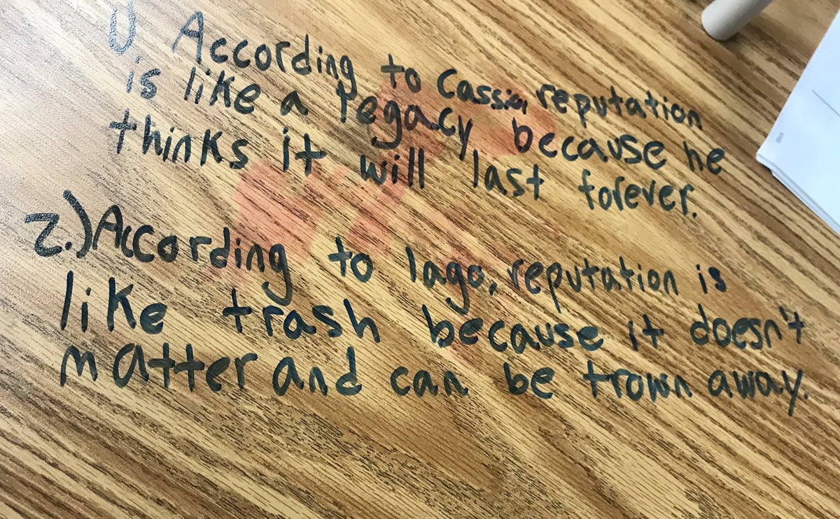 mggilliam's tweet photo. No copier? No problem! Discussing reputation, Iago, Cassio, and how a good and/or bad reputation defines us in a work environment. #othello #phsgreatness #connectrisd https://t.co/4uUPcrpDOb