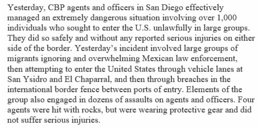 CBP's tweet image. Statement from @CBP_McAleenan on the events yesterday in San Diego. Full statement is available here: bit.ly/2Ao8WY7