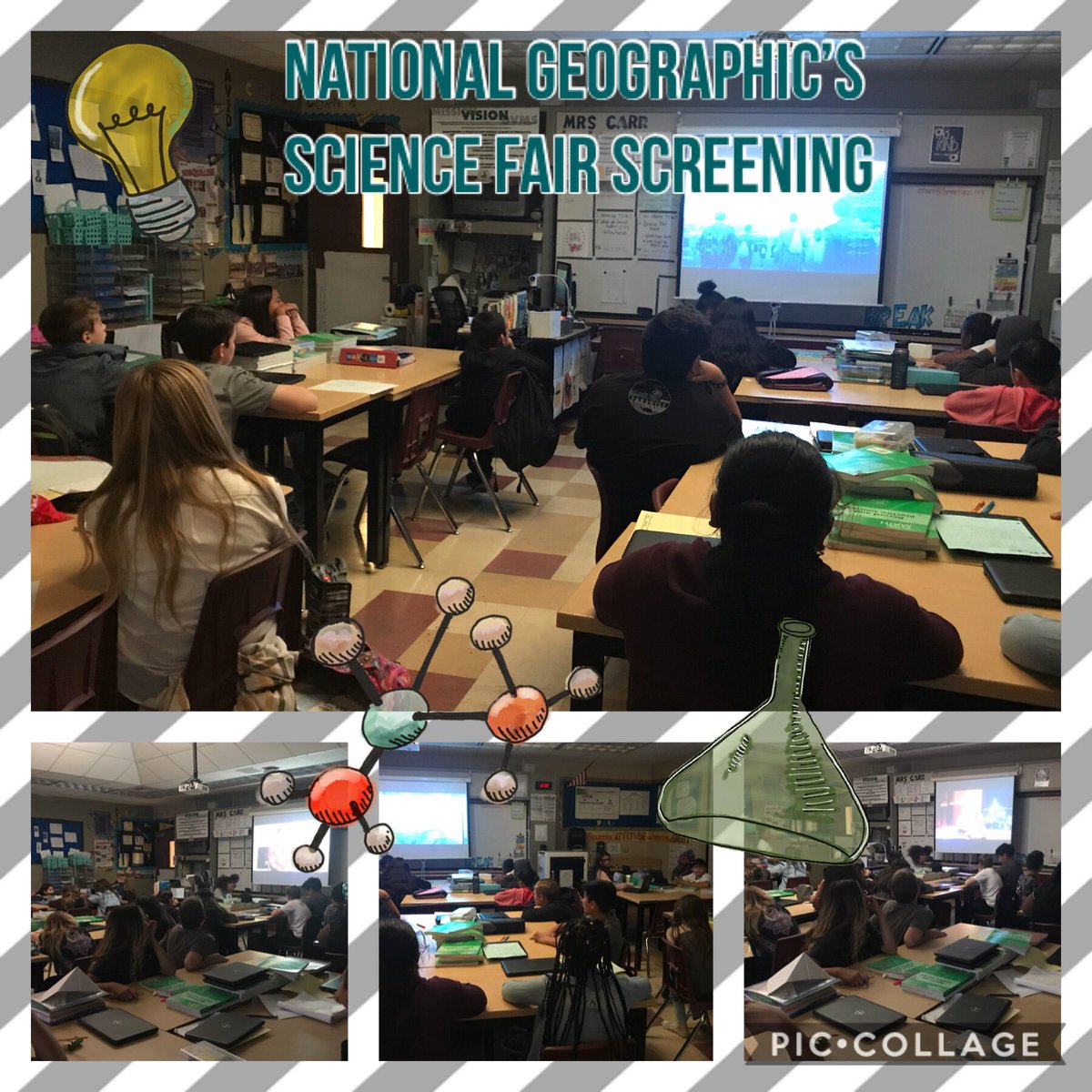 ErinCarrDVMS's tweet photo. Science Fair film being enjoyed by Mrs. Carr’s 6th grade science 🔬 classes today! @ScienceFairFilm #sciencefairthemovie #NationalGeographic #picturemotion https://t.co/dUdVyzrazP