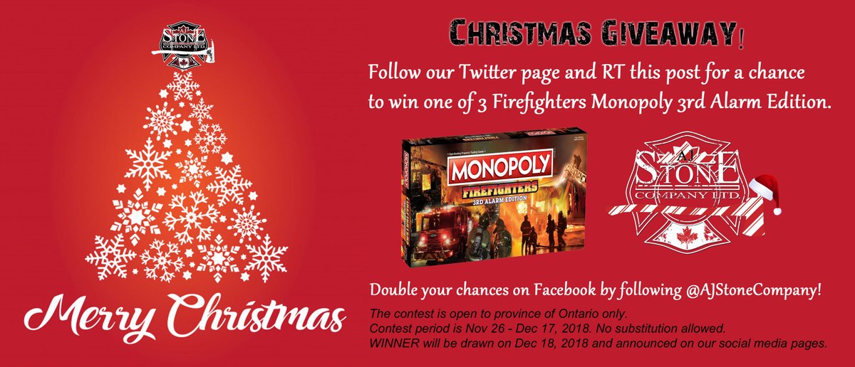 Christmas Giveaway! 
Follow us on Twitter and retweet this post to be entered into our draw for one of three Firefighters Monopoly 3rd Alarm Edition.
Double your odds by following us on Facebook @AJstoneCompany!
