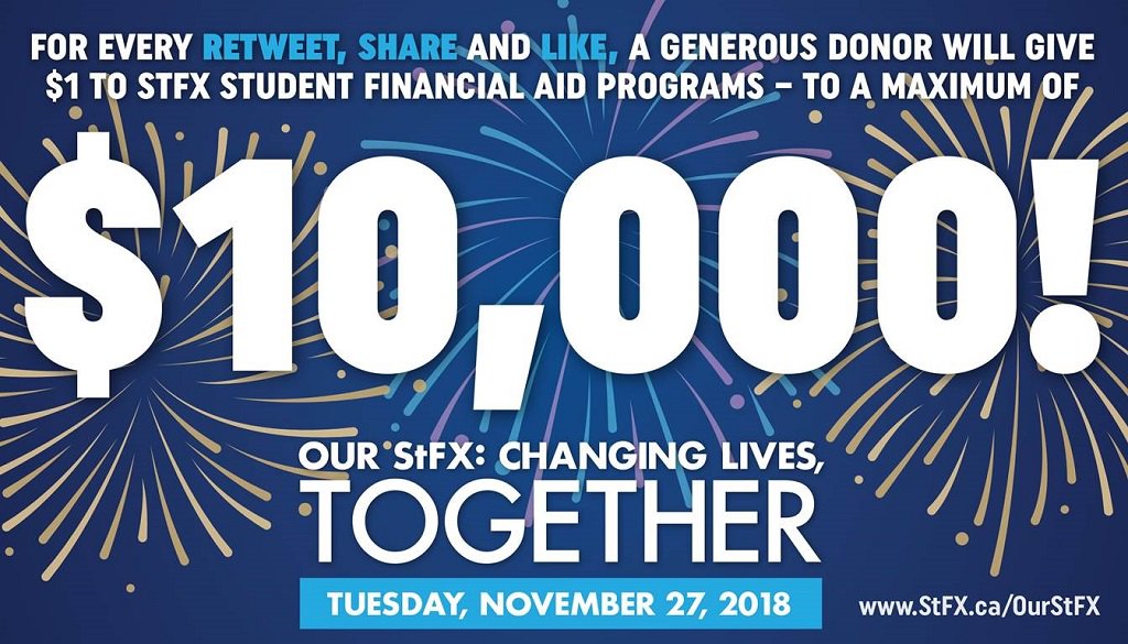 Please RETWEET and LIKE this photo! We have until 11:59 p.m. AST on November 27 to raise as much as we can for student financial aid programs at StFX. 1 like or RT = $1! #OurStFX StFX.ca/OurStFX
