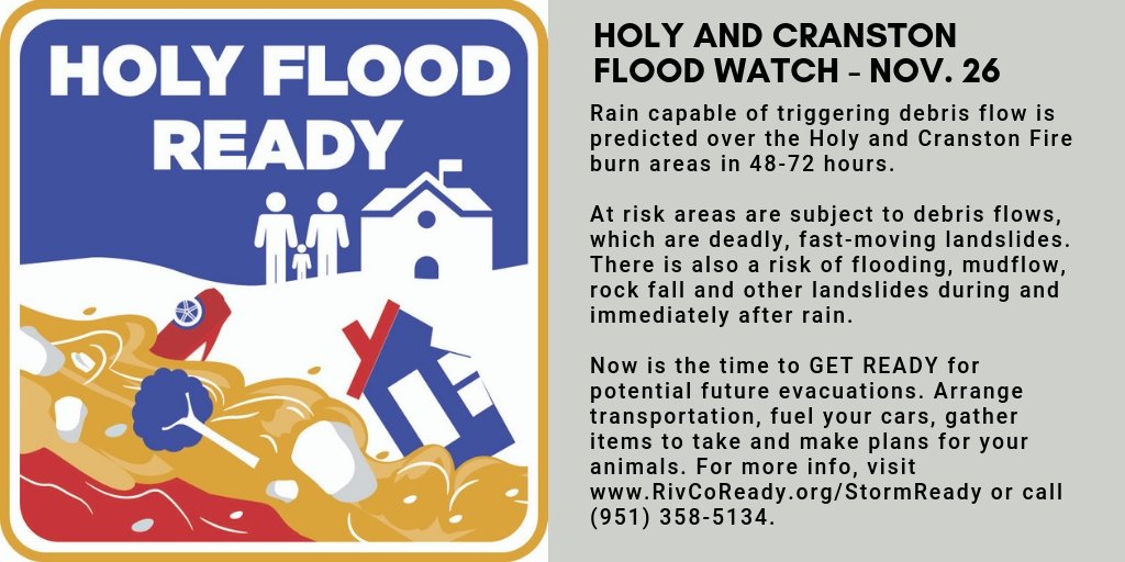 RivCoReady's tweet photo. #HolyFloodWatch #CranstonFloodWatch Rain capable of triggering debris flows are predicted over the Holy Fire and Cranston burn areas in 48-72 hours. Residents living in at-risk areas should GET READY for potential future evacuations. See message below, https://t.co/zYu5c8mwYI https://t.co/nDSK6MO2wO
