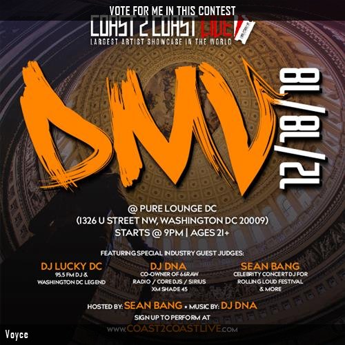 Tim_Too_Tuff's tweet photo. Just voted for @__voyce to perform for $50K Prize at #DMV Edition 12/18/18! https://t.co/vTOY4eoLhX #Coast2Coast https://t.co/XJx4obNngP
