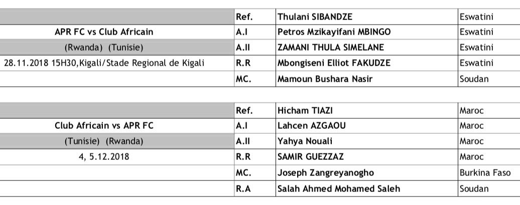 APRFC3's tweet photo. Home and away referees on our games against @clubafricain @ClubAfricainEN in @CAF_Online @caf_online_AR Champions league 
@bayinganadavid @imfuraluc10 @jadocastar @Radiotv10_rw @FERWAFA @azamtvRw https://t.co/bH6ETVKYix