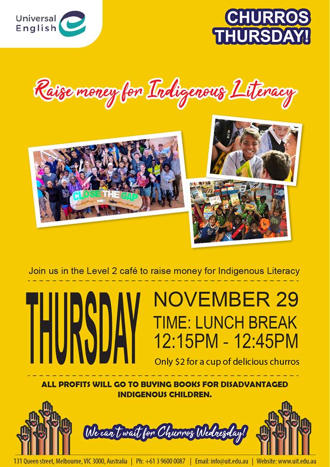 study_ue's tweet image. CHURROS THURSDAY! ✨✨
Join us in the Level 2 café on Thursday, November 29 to RAISE MONEY FOR INDIGENOUS LITERACY. All profits will go to buying books for disadvantaged indigenous children.
#LearnEnglish #universallife #TESOL #elicos #Barista #Melbourne #fundraising #churros