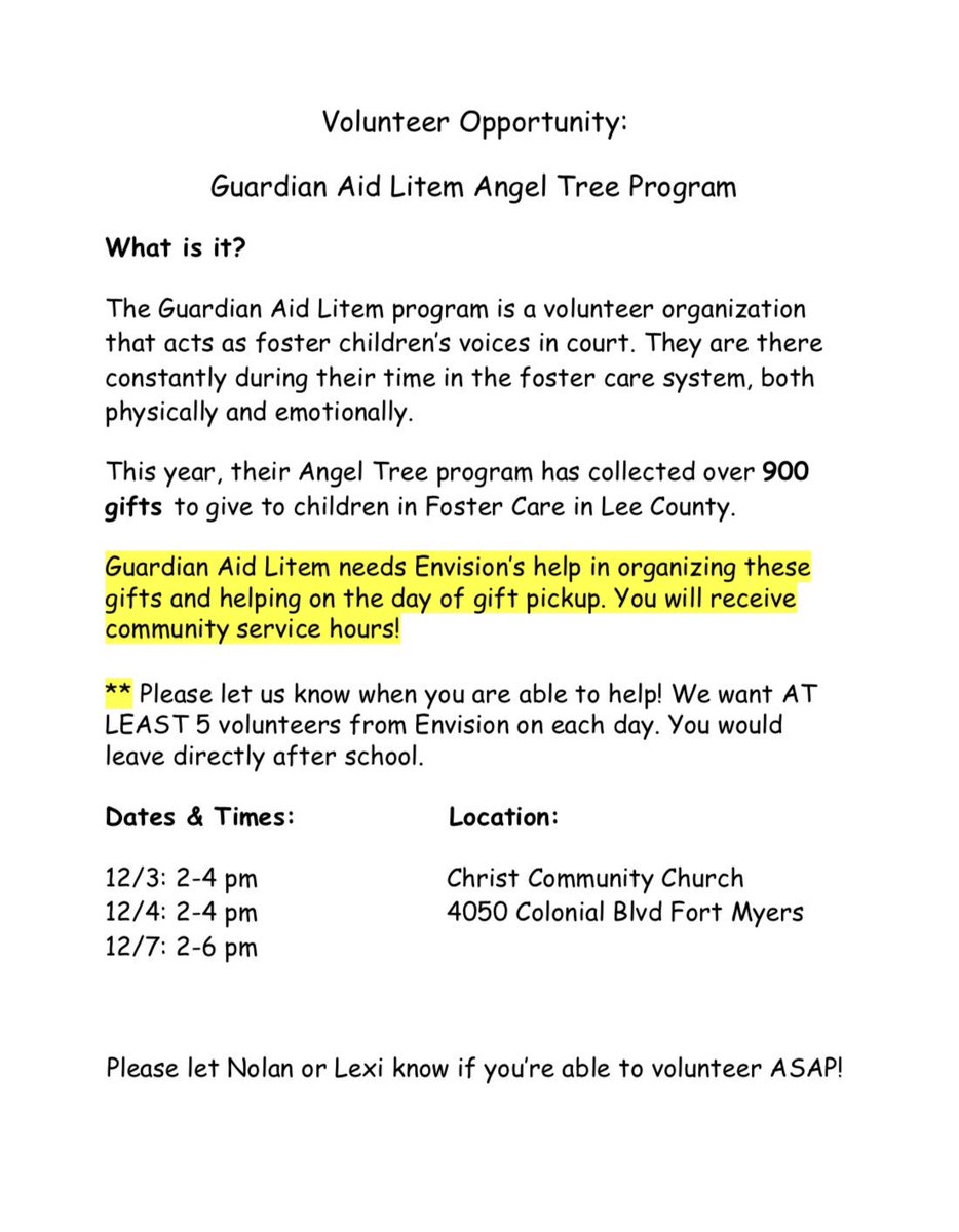 EnvisionEHS's tweet photo. Volunteer Opportunity below to earn service hours through our club! Please message us with any questions, and if you want to volunteer, let us know the date(s) you can go! @EsteroHS https://t.co/DBtMWbgSRp